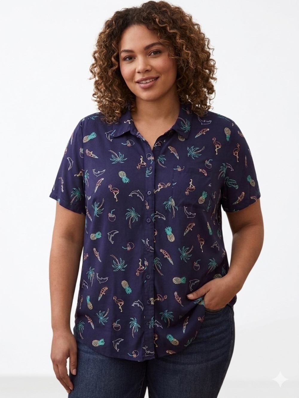 Torrid Navy Hawaiian Shirt Top Pineapple Flamingo 1X